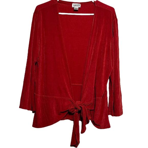 Chico's Travelers Cardigan Sweater Long Sleeve Open Tie Front Slinky Knit Red XL - Picture 1 of 4